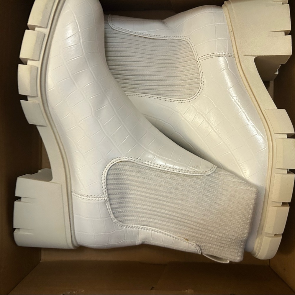 White Croc-Embossed Chelsea Boots